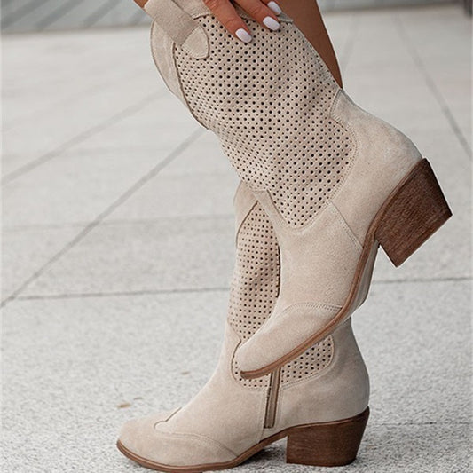 Mid-heel Burnt-out Suede Low-cut Women's Boots