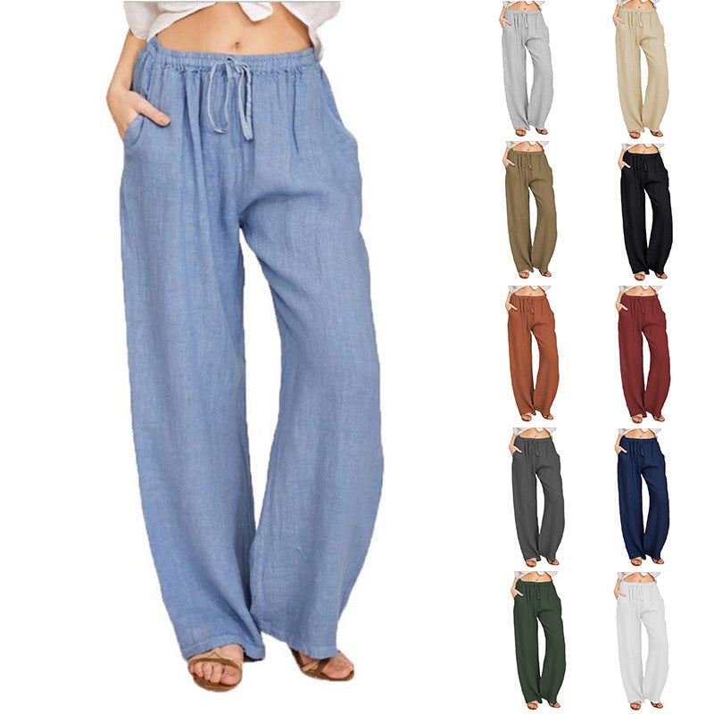 Soft Casual Drawstring Tie Trousers Summer Elastic Waist Loose Jogger Pants With Pockets