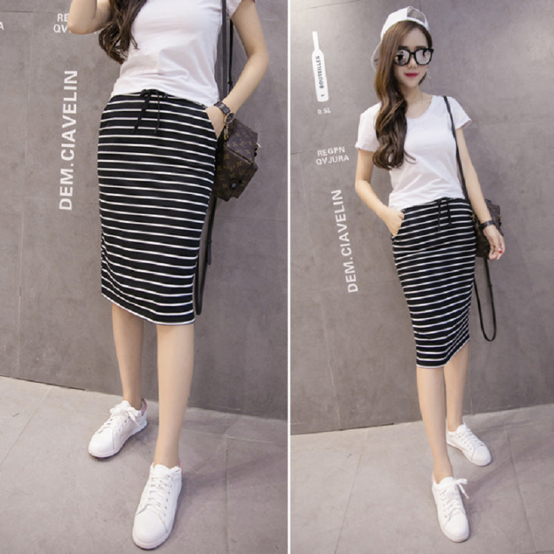 Black And White Striped Casual Pocket Mid-length Bag Hip Skirt