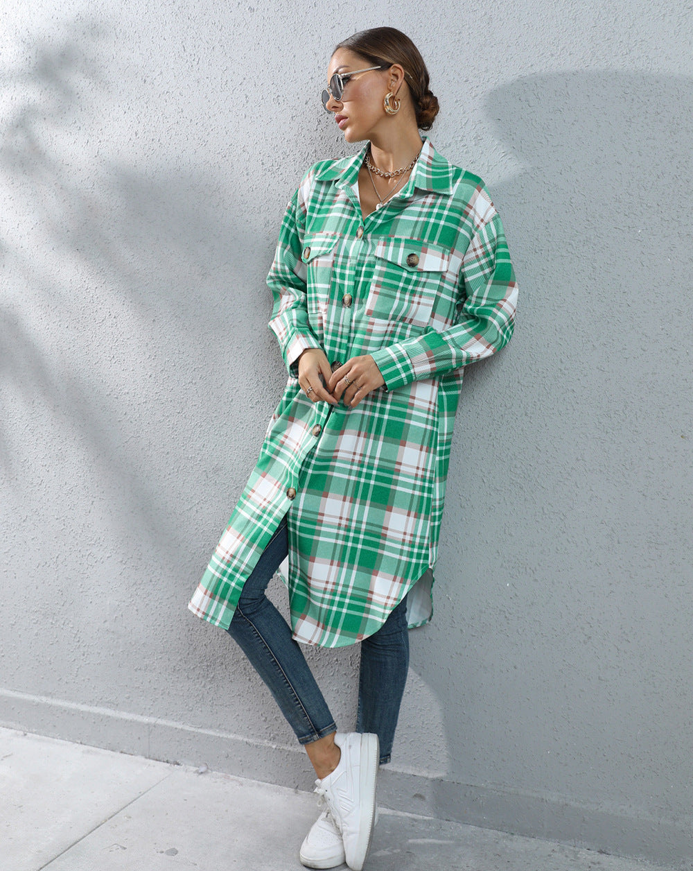 Autumn And Winter Plaid Single-breasted Long Trench Coat