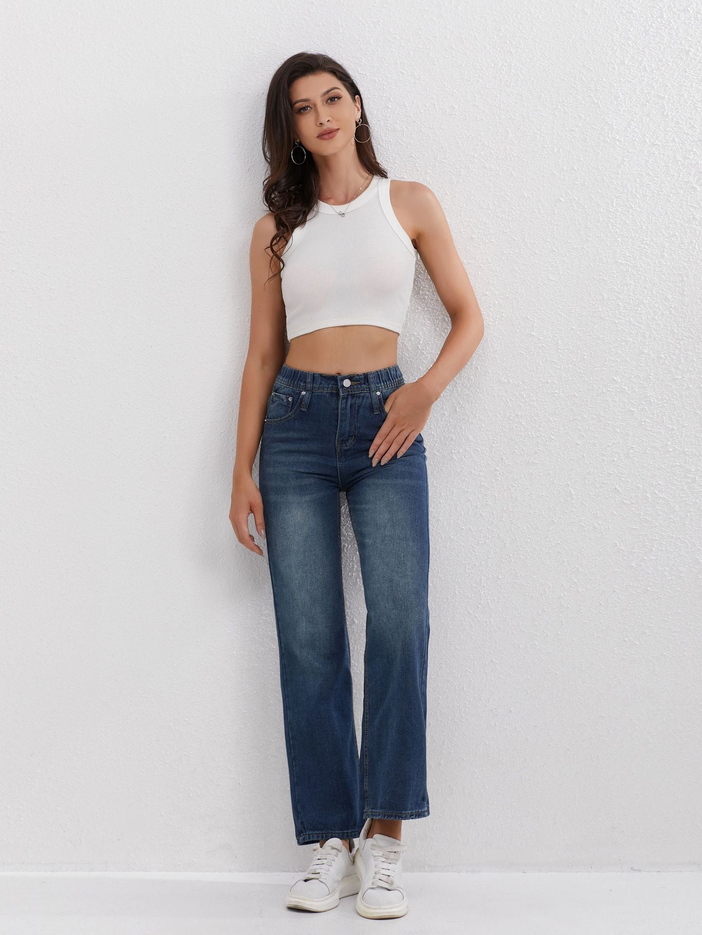 French Style All-matching Slim-fitting Mid-waist Wide Leg Jeans