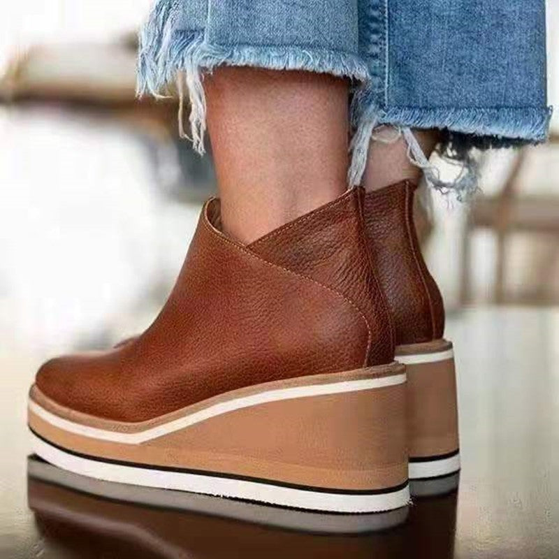 Wedge Thin Short Side Zipper Mid Heel Leather Surface Ankle Boots