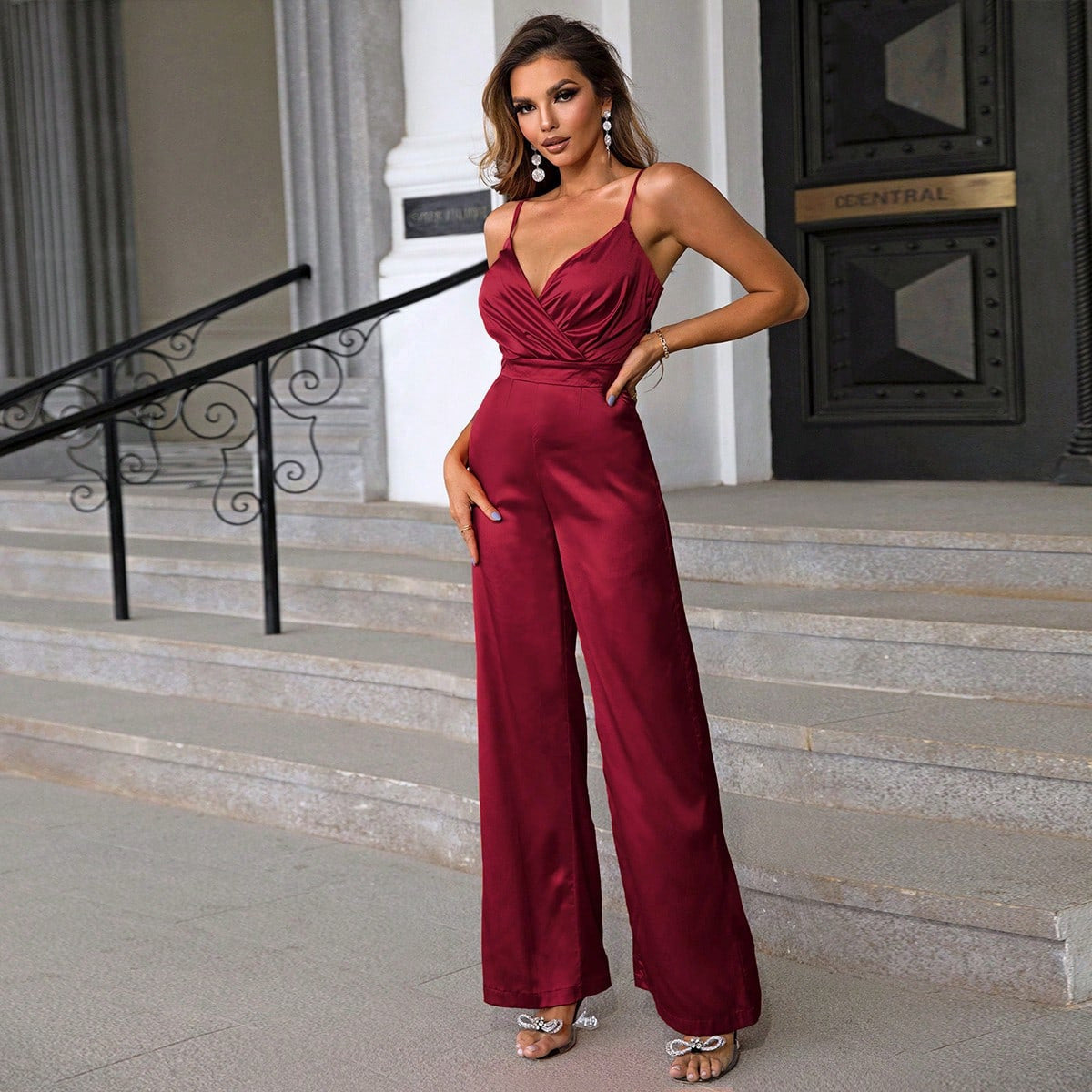 Fashion Women's Wear New Overlapping Collar Wide Leg Suspender Jumpsuit