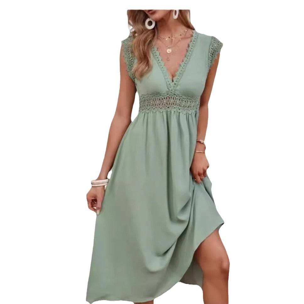 Women's Solid Color And V-neck Lace Lace Hollow-out Stitching Dress