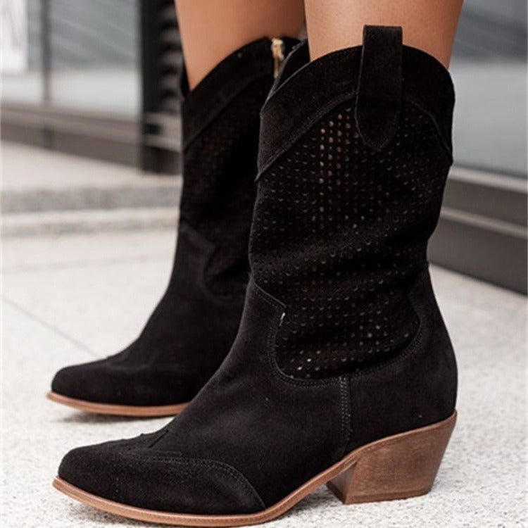 Mid-heel Burnt-out Suede Low-cut Women's Boots