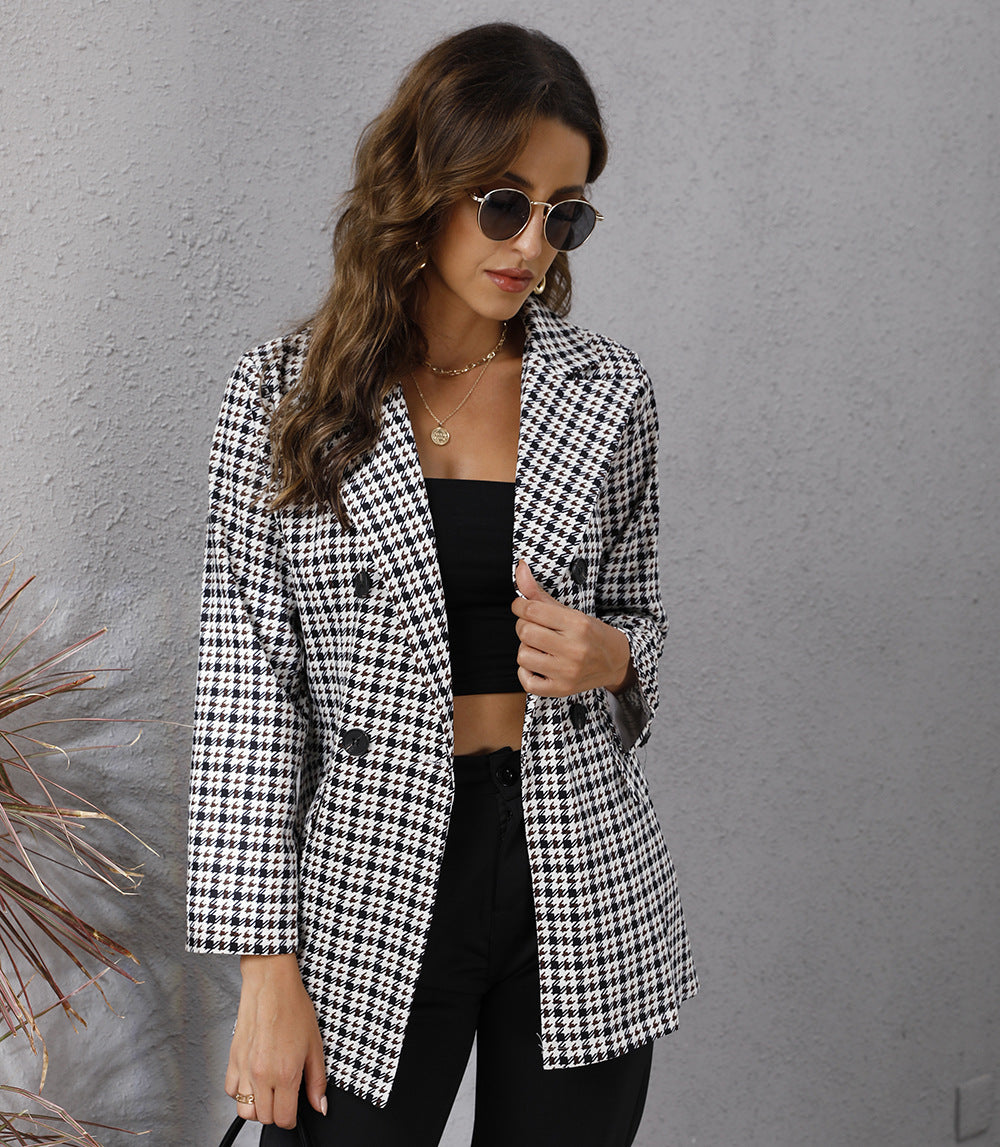 Autumn Women's Houndstooth Lapel Long Sleeve Coat