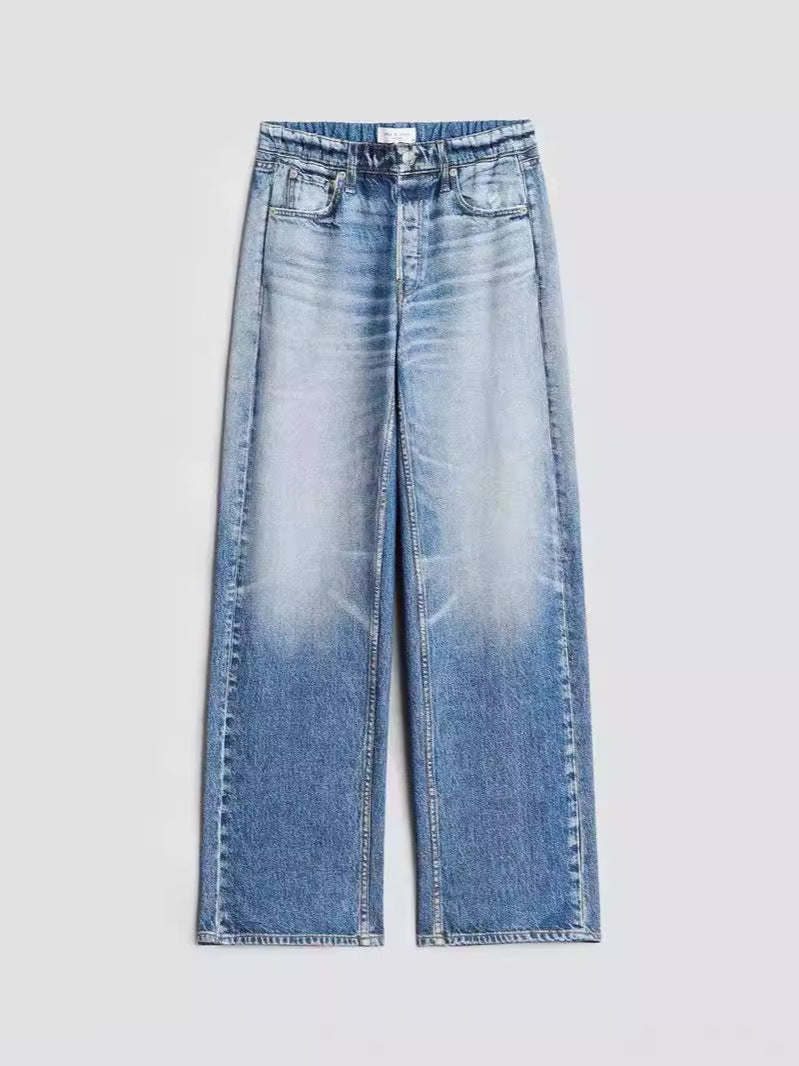 French Style All-matching Slim-fitting Mid-waist Wide Leg Jeans