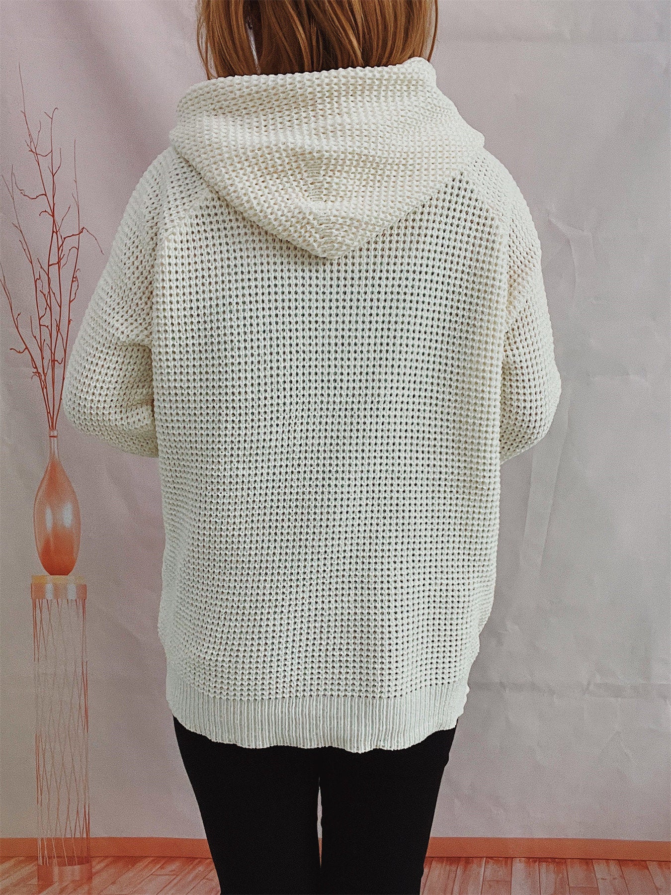 Women's Loose Hooded Knitted Patch Solid Color Sweater