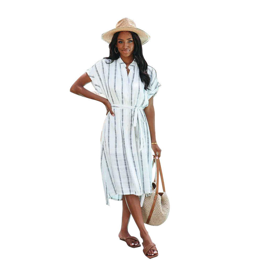 Striped Short Sleeve Cardigan Single Breasted Casual Shirt Long Skirt Women