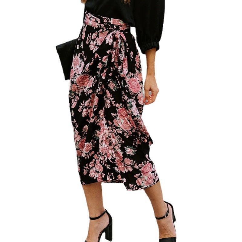 New Style Women's Printed Skirt With Slits And Irregular Straps