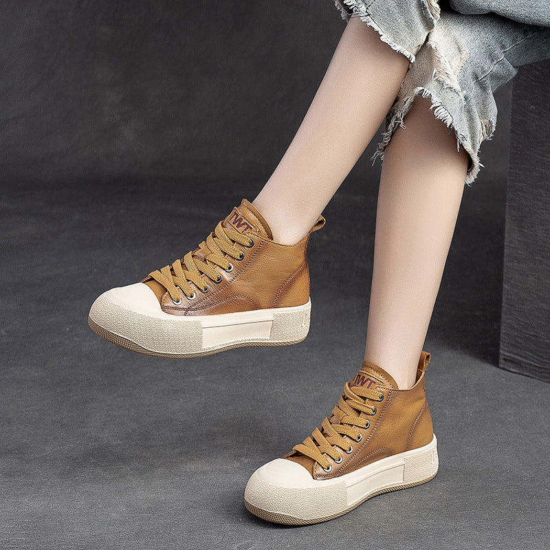 High-top Casual Sneakers First Layer Cowhide Toe Box Women's Shoes Vintage