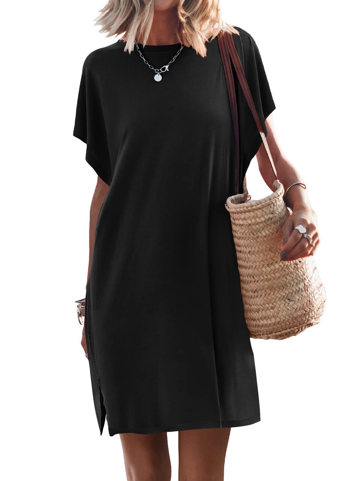 Women's Batwing Sleeve Solid Color Crew Neck Split Casual Dress