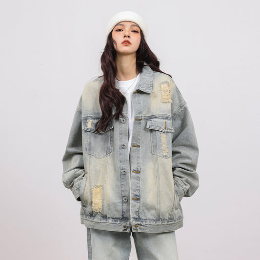 Ripped Workwear Denim Jacket American Washed Old